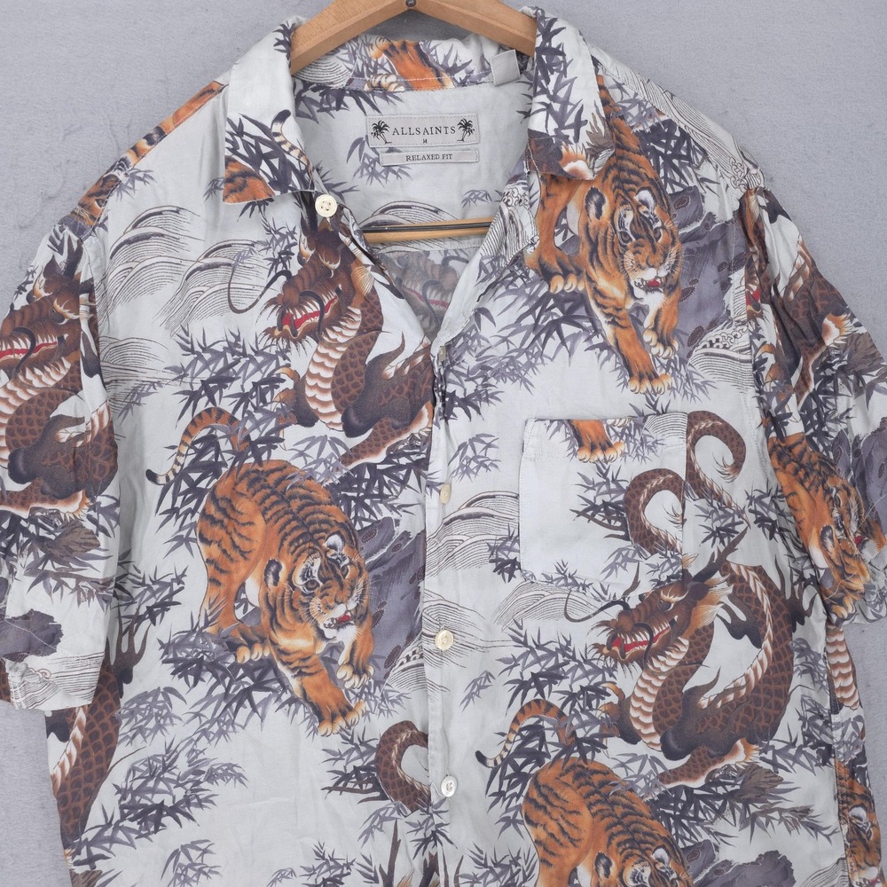 AllSaints Shirt Mens Medium Tiger Dragon Print Loop Collar Short Sleeve Button